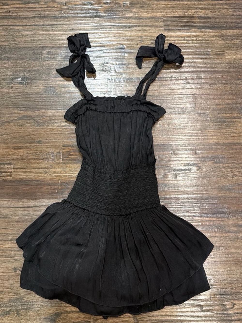 Black Tie-Shoulder Smocked Waist Mini Dress